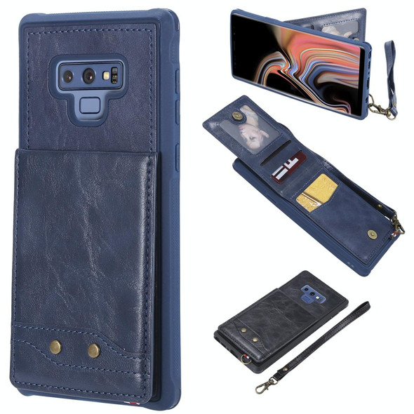 Galaxy Note 9 Vertical Flip Shockproof Leather Protective Case with Short Rope, Support Card Slots & Bracket & Photo Holder & Wallet Function(Blue)