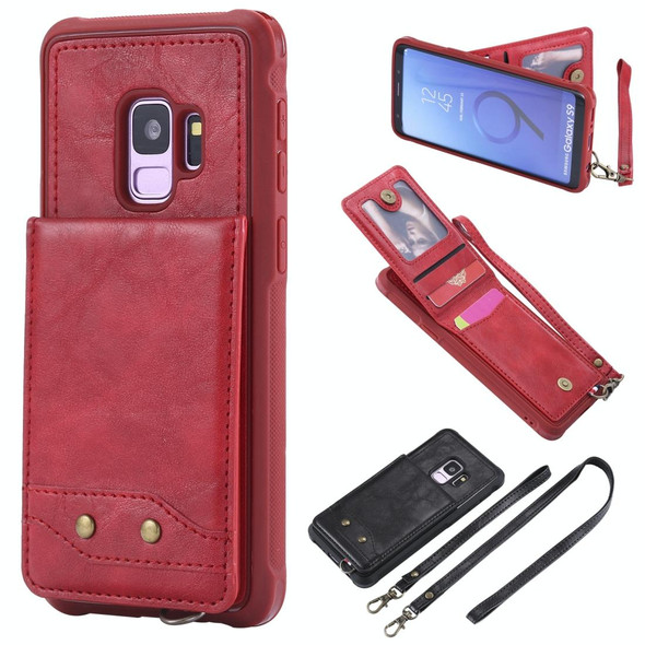 Galaxy S9 Vertical Flip Shockproof Leather Protective Case with Long Rope, Support Card Slots & Bracket & Photo Holder & Wallet Function(Red)