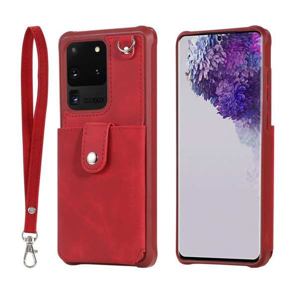 Galaxy S20 Ultra Shockproof Protective Case with Mirror & Card Slot & Short Lanyard(Red)