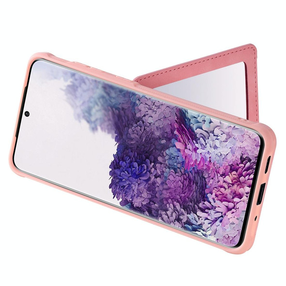 Galaxy S20 Plus Shockproof Protective Case with Mirror & Card Slot & Short Lanyard(Pink)