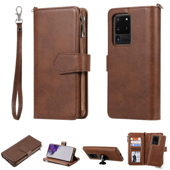 Galaxy S20 Ultra 2 in 1 Solid Color Zipper Shockproof Protective Case with Card Slots & Bracket & Photo Holder & Wallet Function(Brown)