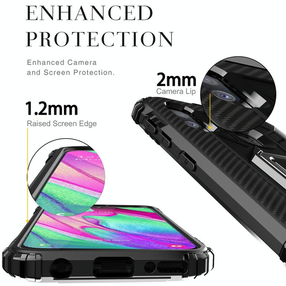 Galaxy A40 Carbon Fiber Protective Case with 360 Degree Rotating Ring Holder(Black)