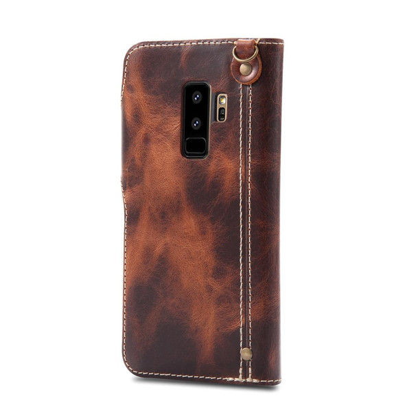 Galaxy S9 Plus Denior Oil Wax Cowhide Magnetic Button Horizontal Flip Leather Case with Card Slots & Wallet(Brown)
