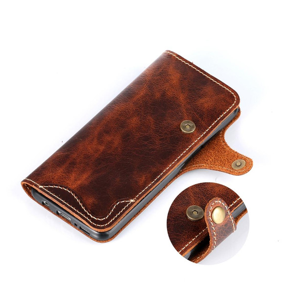 Galaxy S9 Denior Oil Wax Cowhide Magnetic Button Horizontal Flip Leather Case with Card Slots & Wallet(Brown)