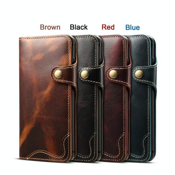 Galaxy S10 Plus Denior Oil Wax Cowhide Magnetic Button Horizontal Flip Leather Case with Card Slots & Wallet(Dark Red)