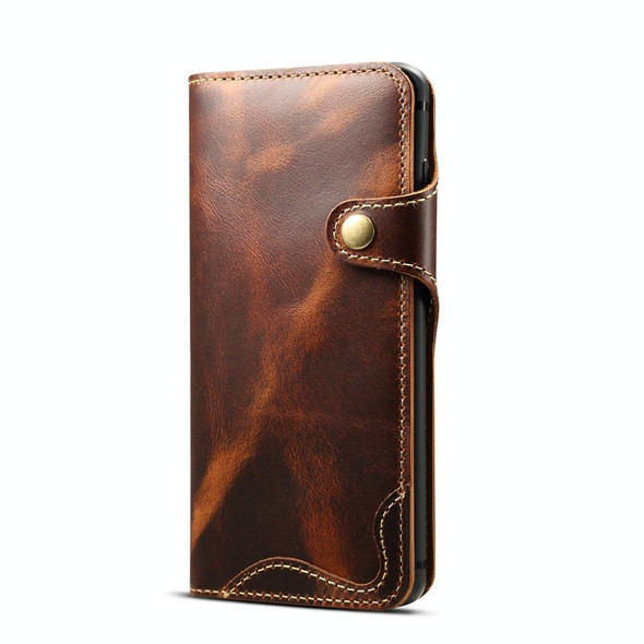 Galaxy S10e Denior Oil Wax Cowhide Magnetic Button Horizontal Flip Leather Case with Card Slots & Wallet(Brown)