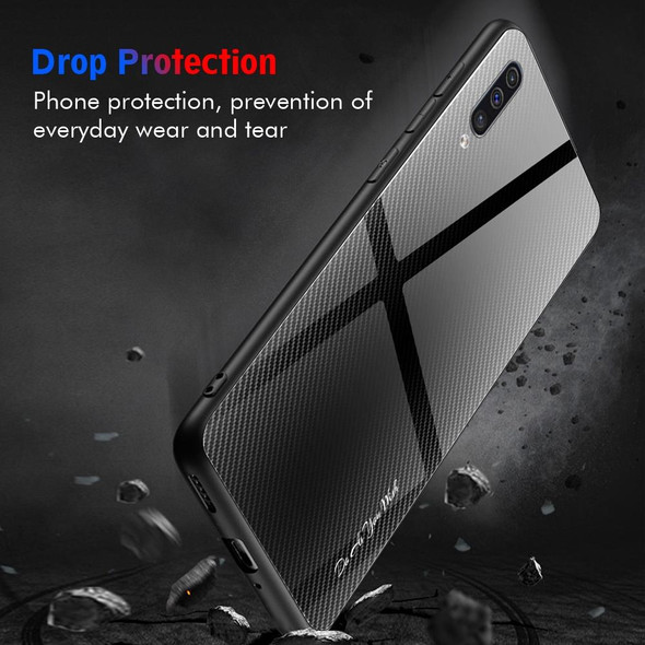 Galaxy A50 Texture Gradient Glass Protective Case(Dark Blue)
