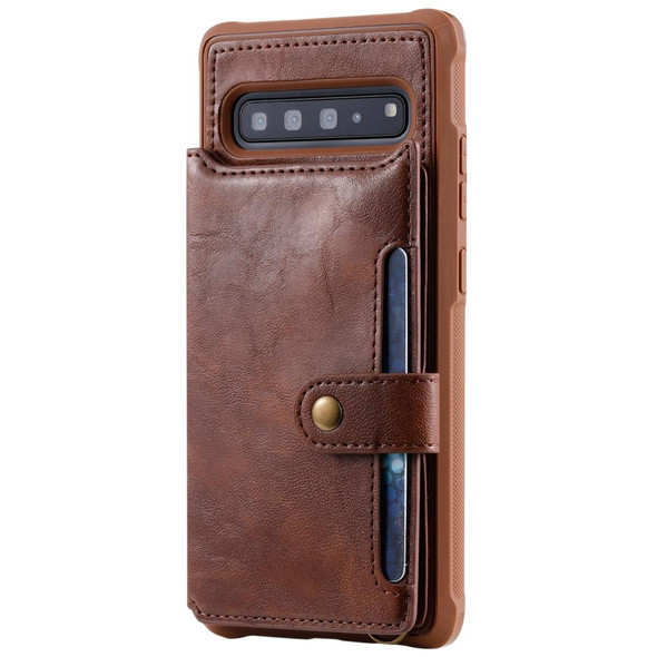 Galaxy S10 5G Buckle Zipper Shockproof Protective Case with Holder & Card Slots & Wallet & Lanyard & Photos Frame(Coffee)
