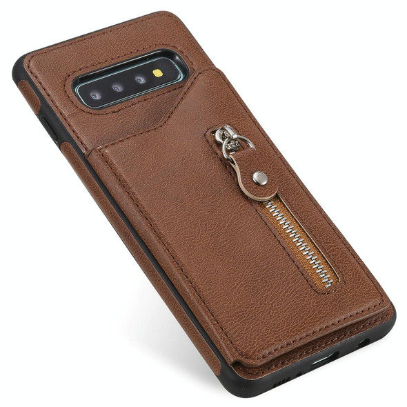 Galaxy S10 Plus Solid Color Double Buckle Zipper Shockproof Protective Case(Brown)