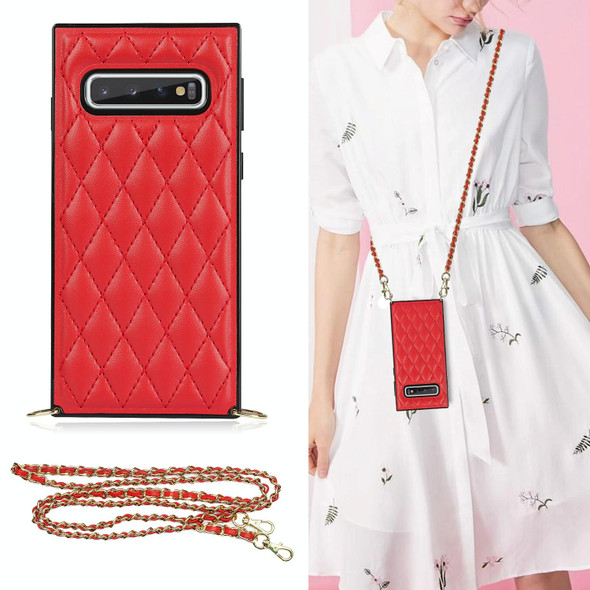 Samsung Galaxy S10+ Elegant Rhombic Pattern Microfiber Leather +TPU Shockproof Case with Crossbody Strap Chain(Red)