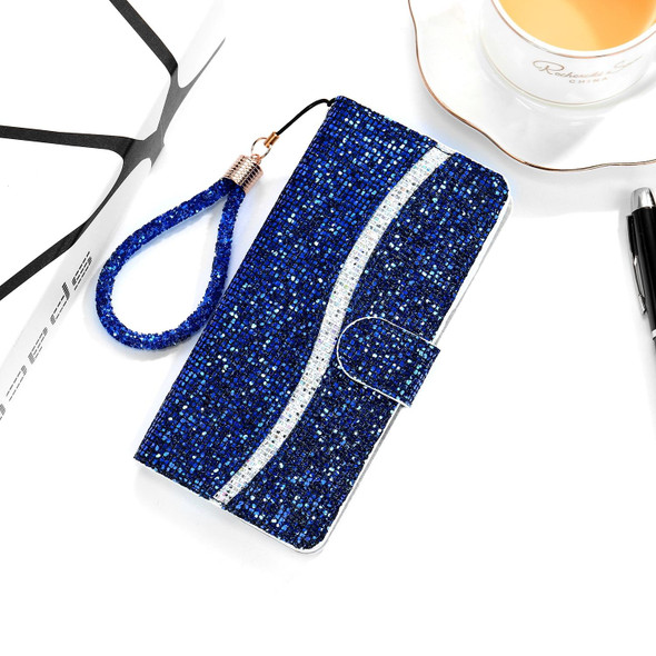 Samsung Galaxy A22 5G Glitter Powder Horizontal Flip Leather Case with Card Slots & Holder & Lanyard(Blue)