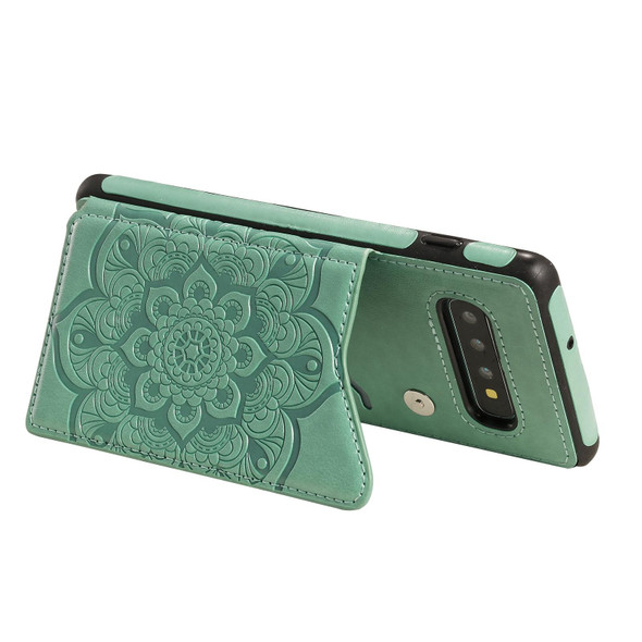 Samsung Galaxy S10 Plus Flower Embossing Pattern Shockproof Protective Case with Holder & Card Slots & Photo Frame(Green)