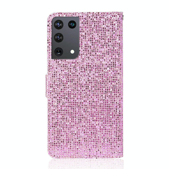 Samsung Galaxy S21 Ultra 5G Glitter Powder Horizontal Flip Leather Case with Card Slots & Holder & Lanyard(Pink)