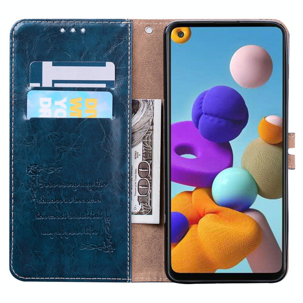 Samsung Galaxy A21s Business Style Oil Wax Texture Horizontal Flip Leather Case, with Holder & Card Slots & Wallet(Blue)