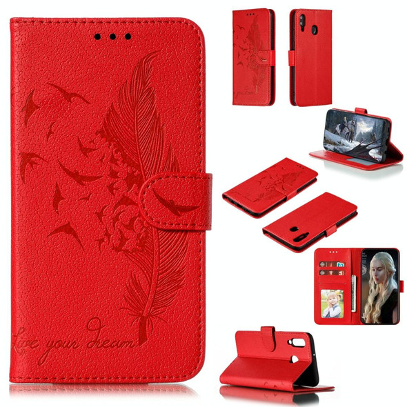 Feather Pattern Litchi Texture Horizontal Flip Leatherette Case with Wallet & Holder & Card Slots - Galaxy M30(Red)
