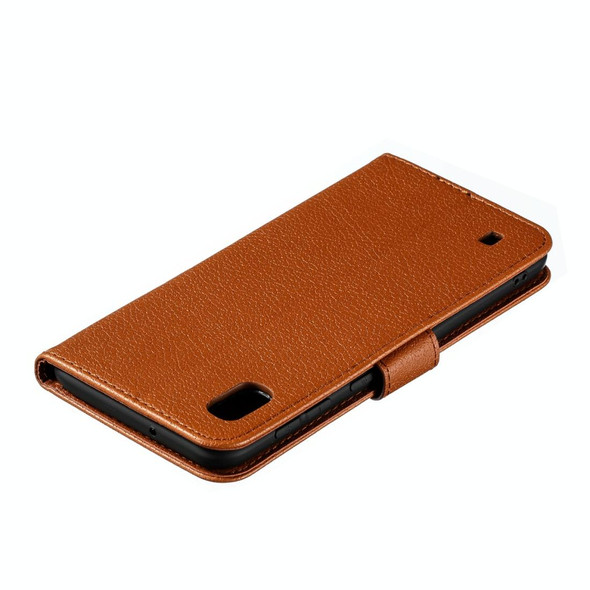 Feather Pattern Litchi Texture Horizontal Flip Leatherette Case with Wallet & Holder & Card Slots - Galaxy A10(Brown)