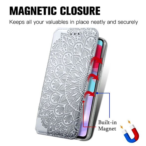 Samsung Galaxy A72 5G / 4G Blooming Mandala Embossed Pattern Magnetic Horizontal Flip Leather Case with Holder & Card Slots & Wallet(Grey)