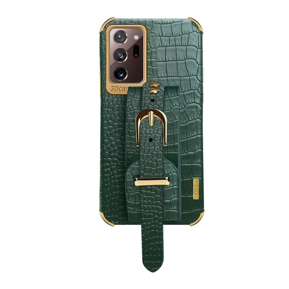 Samsung Galaxy Note20 Ultra Electroplated TPU Crocodile Pattern Leather Case with Wrist Strap(Green)