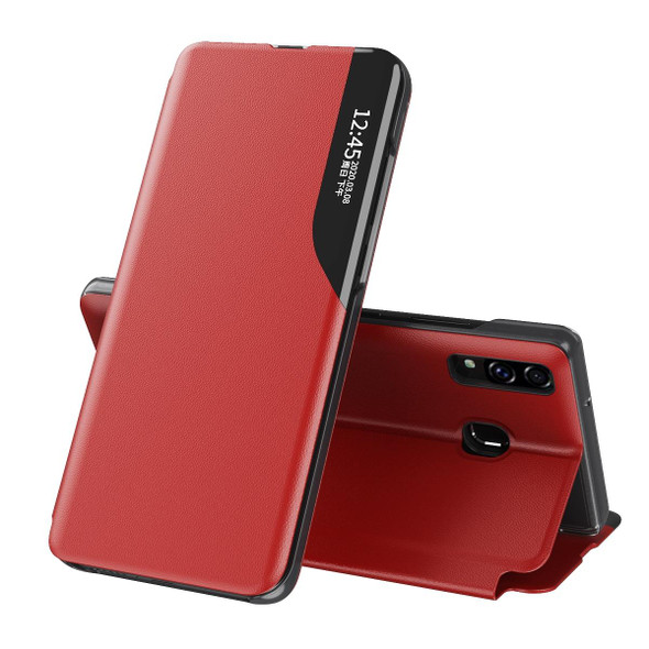 Samsung Galaxy A20S Side Display Magnetic Shockproof Horizontal Flip Leather Case with Holder(Red)