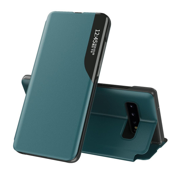 Samsung Galaxy S10 Plus Side Display Magnetic Shockproof Horizontal Flip Leather Case with Holder(Green)