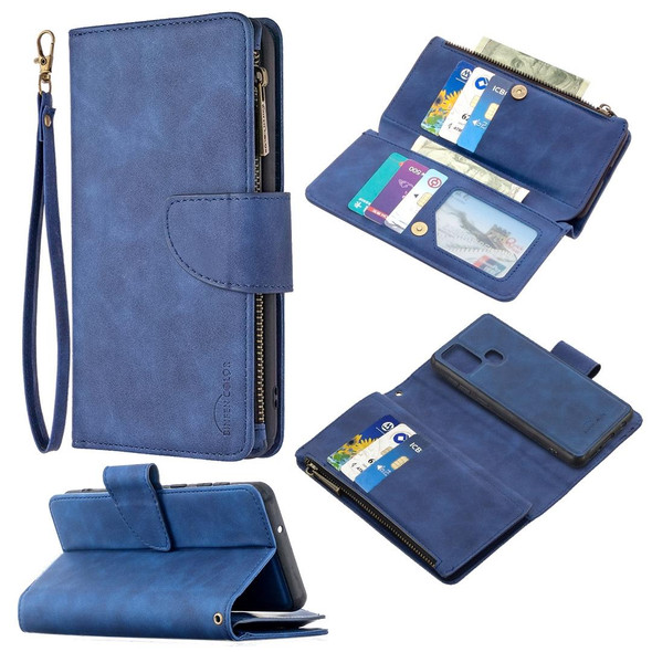 Samsung Galaxy A21s Skin Feel Detachable Magnetic Zipper Horizontal Flip PU Leather Case with Multi-Card Slots & Holder & Wallet & Photo Frame & Lanyard(Blue)