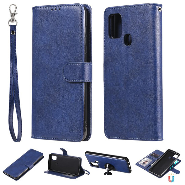 Samsung Galaxy A21s 2 in 1 Solid Color Detachable PU Leather Case with Card Slots & Magnetic Holder & Photo Frame & Wallet & Strap(Blue)