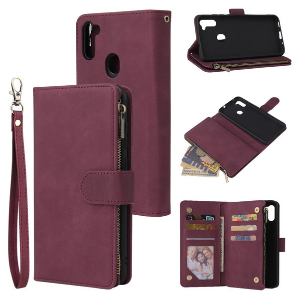 Samsung Galaxy A11 Multifunctional Retro Frosted Horizontal Flip Leather Case with Card Slot & Holder & Zipper Wallet & Photo Frame & Lanyard(Red Wine)