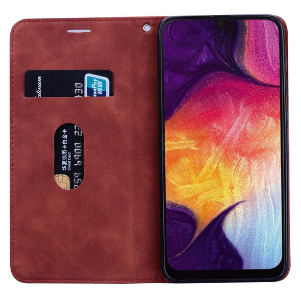 Samsung Galaxy A50 Frosted Business Magnetic Horizontal Flip PU Leather Case with Holder & Card Slot & Lanyard(Brown)