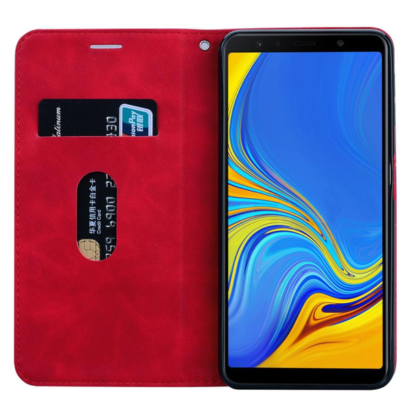 Samsung Galaxy A7 (2018) Frosted Business Magnetic Horizontal Flip PU Leather Case with Holder & Card Slot & Lanyard(Red)