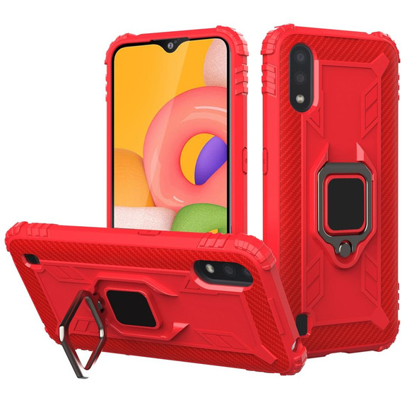 Samsung Galaxy A01 (US Version) Carbon Fiber Protective Case with 360 Degree Rotating Ring Holder(Red)