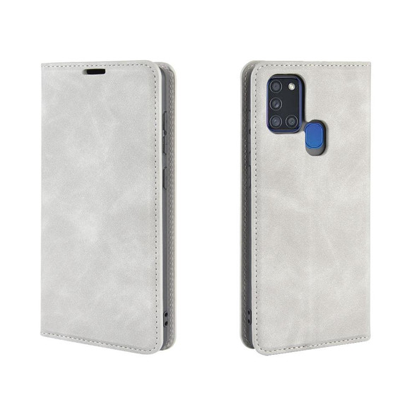 Galaxy A21s Retro-skin Business Magnetic Suction Leather Case with Holder & Card Slots & Wallet(Grey)