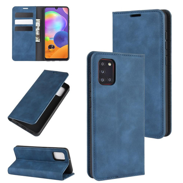 Galaxy A31 Retro-skin Business Magnetic Suction Leather Case with Holder & Card Slots & Wallet(Dark Blue)