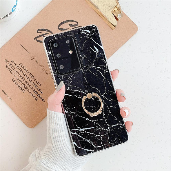 Galaxy S20 Ultra TPU Smooth Marble with Ring Metal Rhinestone Bracket Mobile Phone Protective Case(Black Q30)