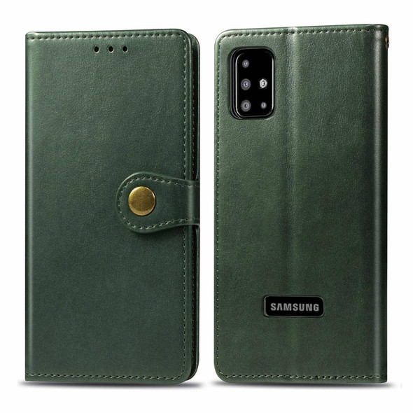 Galaxy A51 Retro Solid Color Leather Buckle Phone Case with Lanyard & Photo Frame & Card Slot & Wallet & Stand Function(Green)