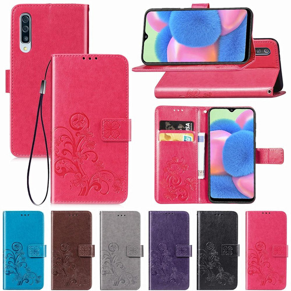 Galaxy A30S Four-leaf Clasp Embossed Buckle Mobile Phone Protection Leather Case with Lanyard & Card Slot & Wallet & Bracket Function(Magenta)