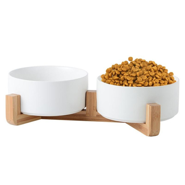 13cm/400ml Cat Bowl Dog Pot Pet Ceramic Bowl, Style:Double Bowl With Wooden Stand(White)