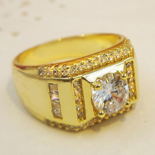 Fashion New Style Gold Plated + AAA Zircon Inlaid Rhinestone Men Diamond Ring, Size: 7, Diameter: 17.3mm, Perimeter: 54.4mm