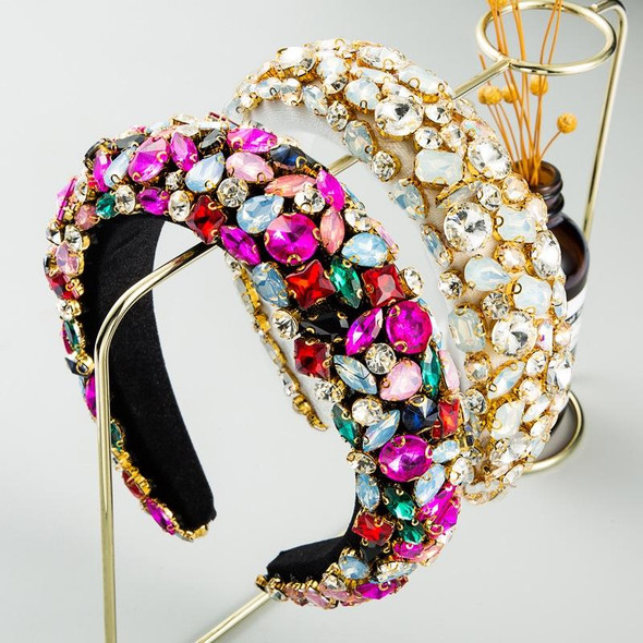 Geometric Rhinestone Headband Wide Side Full Rhinestone Color Thickened Sponge Hair Accessory(Color)