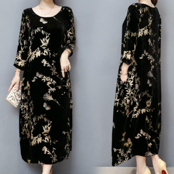 Cropped Sleeve Round Neck Long Dress Gold Velvet Loose Skirt, Size:XXXXL(Black)