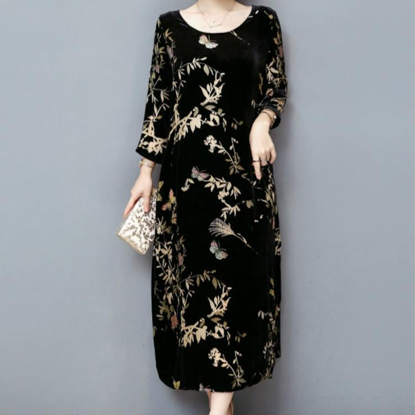 Cropped Sleeve Round Neck Long Dress Gold Velvet Loose Skirt, Size:XXXXL(Black)