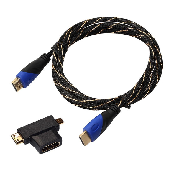 1.8m HDMI 1.4 Version 1080P Woven Net Line Blue Black Head HDMI Male to HDMI Male Audio Video Connector Cable with Mini HDMI & Micro HDMI & HDMI 3 in 1 Adapter Set