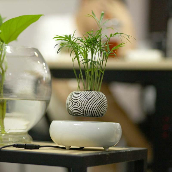 Dark Color Stripe Flower Pot + Imitation Ceramic Resin Base Magnetic Levitation Potted Plant Home Decoration, US Plug