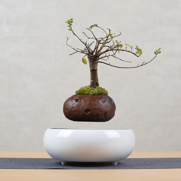 Soil Color Flower Pot + Imitation Ceramic Resin Base Magnetic Levitation Potted Plant Home Decoration, US Plug