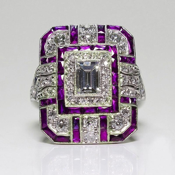 Luxury Square Women Crystal Zircon Engagement Ring, Ring Size:7(Purple)