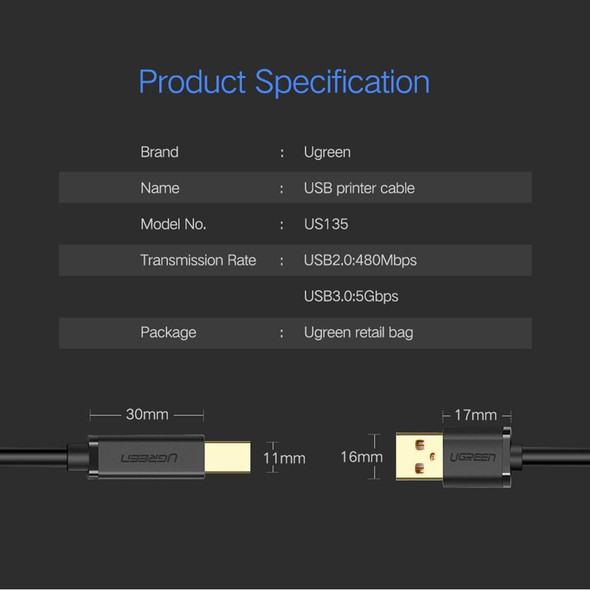 UGREEN USB 2.0 Nickel-plated Printer Cable Data Cable, - Canon, Epson, HP, Cable Length: 3m