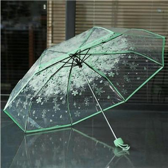2 PCS Cherry Blossom Transparent Triple-fold Umbrella Individual Folding Umbrella(Green)