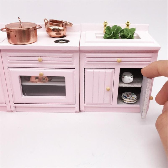 1:12 Mini Doll House Kitchen Cabinet Dining Table Sink Combination Model Toy(Pink)