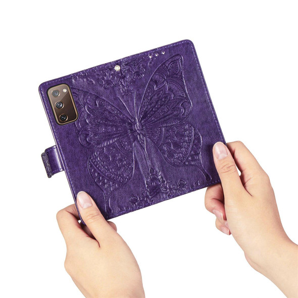 Galaxy S20 FE / S20 Lite Butterfly Love Flower Embossed Horizontal Flip Leather Case with Bracket / Card Slot / Wallet / Lanyard(Dark Purple)