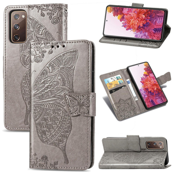 Galaxy S20 FE / S20 Lite Butterfly Love Flower Embossed Horizontal Flip Leather Case with Bracket / Card Slot / Wallet / Lanyard(Gray)