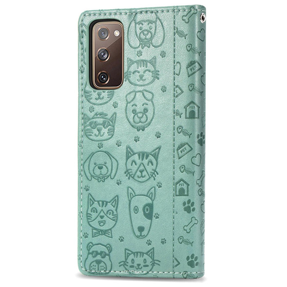 Galaxy S20 FE / S20 Lite Cute Cat and Dog Embossed Horizontal Flip Leather Case with Bracket / Card Slot / Wallet / Lanyard(Green)